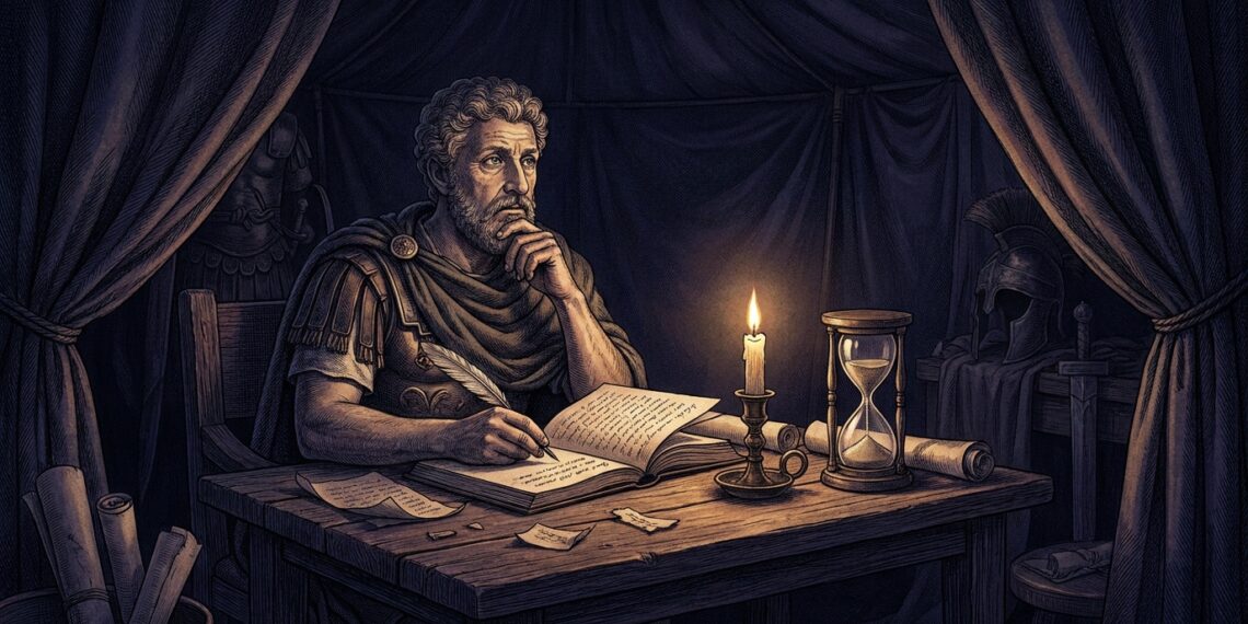 Ilustração do imperador romano Marco Aurélio escrevendo em seus pergaminhos à luz de velas em uma tenda militar.