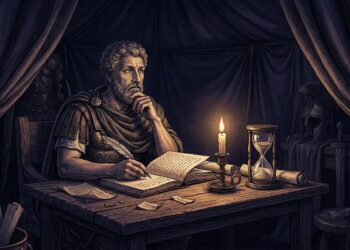Ilustração do imperador romano Marco Aurélio escrevendo em seus pergaminhos à luz de velas em uma tenda militar.