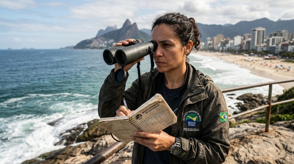 Biólogo marinho observando a movimentação de baleias na costa com binóculo profissional em mirante do Rio de Janeiro