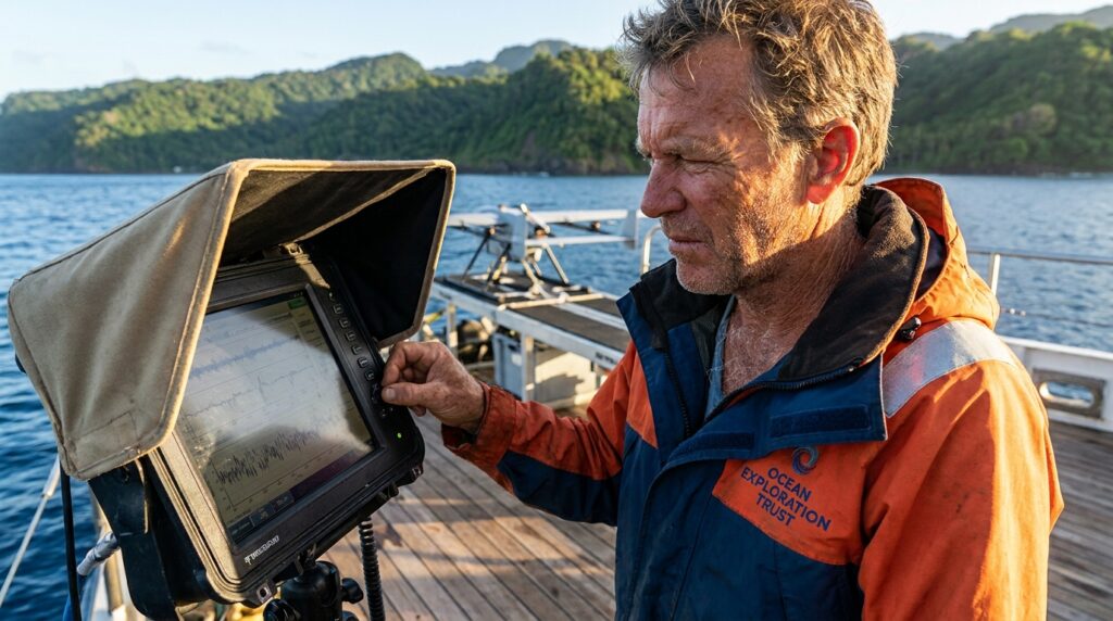 Pesquisador marinho monitorando equipamento de telemetria e hidrofone no convés de embarcação científica