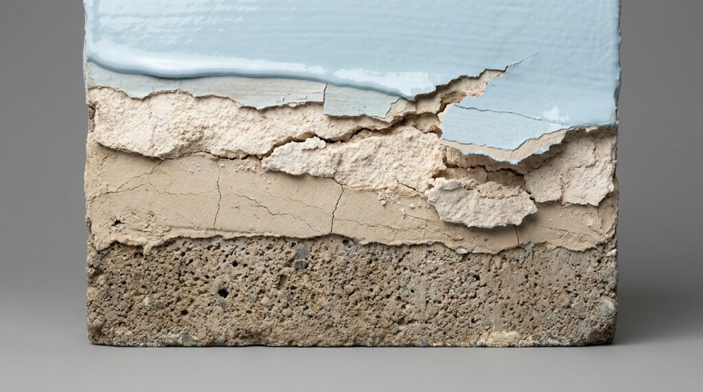 Corte técnico mostra pintura se soltando sobre uma camada antiga enfraquecida.
