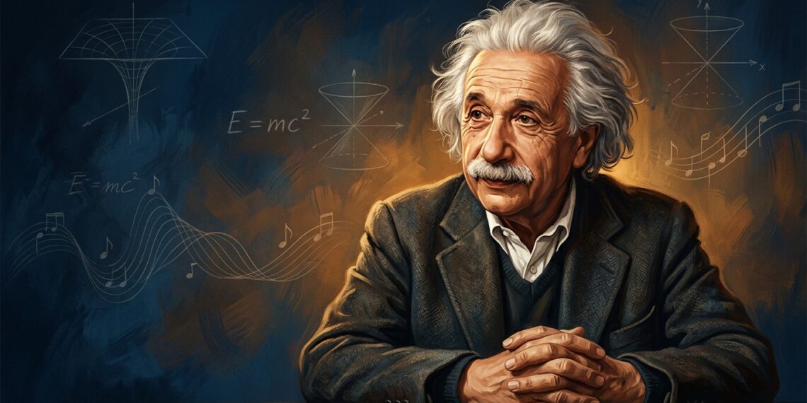 Retrato ilustrado em estilo editorial de Albert Einstein com expressão reflexiva e traços gráficos ao fundo.