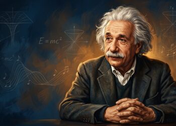 Retrato ilustrado em estilo editorial de Albert Einstein com expressão reflexiva e traços gráficos ao fundo.