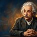 Retrato ilustrado em estilo editorial de Albert Einstein com expressão reflexiva e traços gráficos ao fundo.