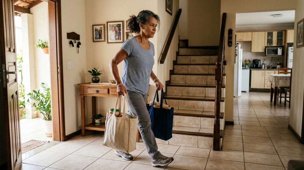 Mulher madura sente dificuldade para carregar sacolas de compras em casa.