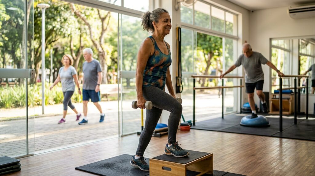 Mulher com mais de 60 anos realiza exercício de força enquanto outros adultos praticam caminhada e equilíbrio.