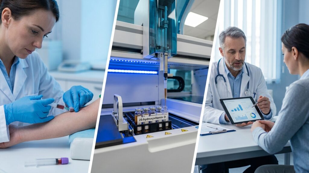 Três painéis mostrando coleta de sangue venoso, processamento da amostra em analisador laboratorial e consulta médica com paciente