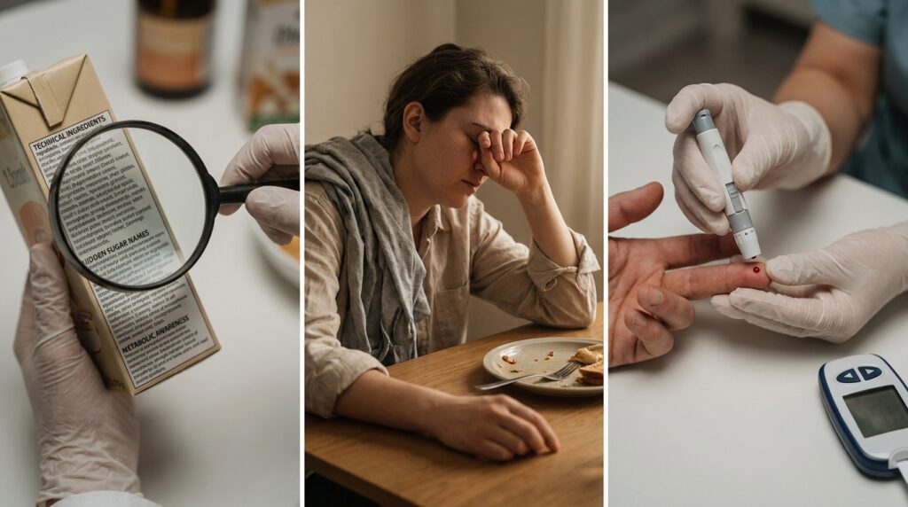 Três imagens sequenciais ilustrando a leitura de rótulos de alimentos, o cansaço após comer e o exame de medição de glicose.