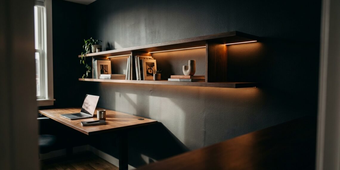 Prateleira suspensa minimalista com LED integrado flutuando na parede de home office compacto, com mesa de trabalho vazia abaixo e luz natural misturada com iluminação de fita LED