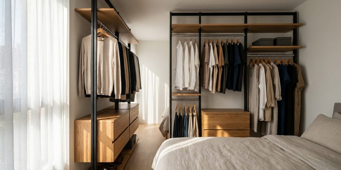 Closet aberto modular com araras metálicas e prateleiras de madeira instalado em quarto pequeno ao lado da cama