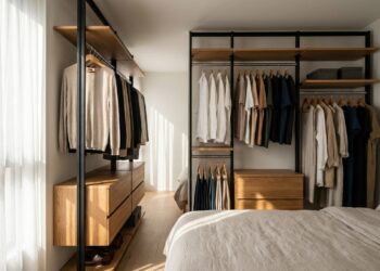 Closet aberto modular com araras metálicas e prateleiras de madeira instalado em quarto pequeno ao lado da cama