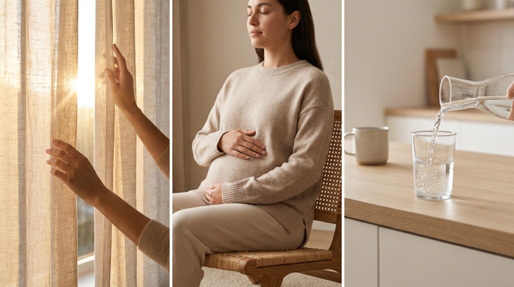 Composição de três fotos com passos da rotina matinal: abertura de cortinas com luz solar, exercício respiratório e copo de água antes da ingestão de café