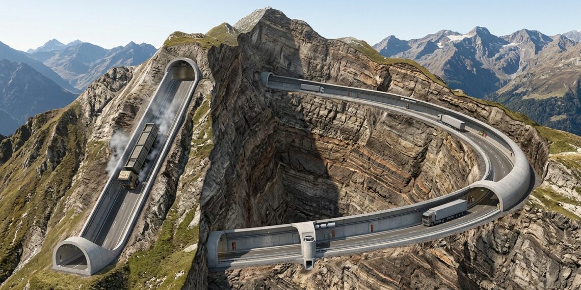 Corte compara uma subida direta e íngreme com o trajeto mais longo e curvo construído dentro da montanha.