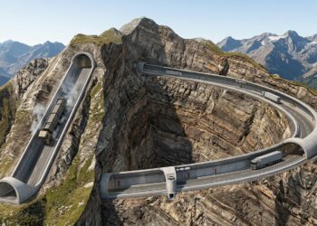 Corte compara uma subida direta e íngreme com o trajeto mais longo e curvo construído dentro da montanha.