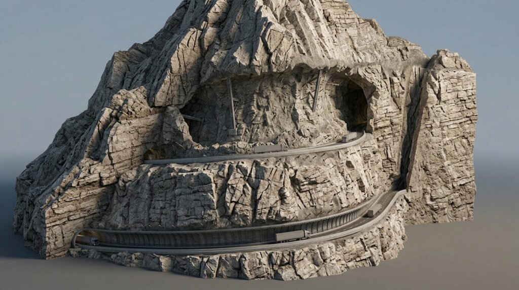 Corte técnico compara uma subida direta e íngreme com a longa trajetória em espiral construída dentro da montanha.