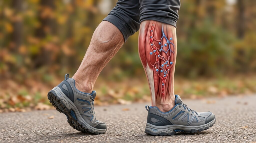 Representação mostra músculos da perna em atividade durante a caminhada e a captação de glicose pelo tecido muscular.