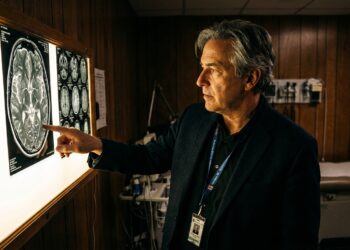Médico neurologista examinando corte de ressonância magnética do crânio em negatoscópio luminoso dentro de consultório.
