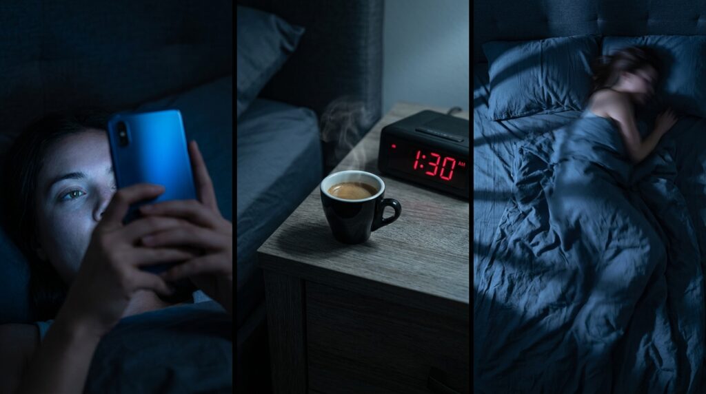 Tríptico fotográfico exibindo uso de smartphone na cama escura, xícara de café à noite e pessoa inquieta sob lençóis