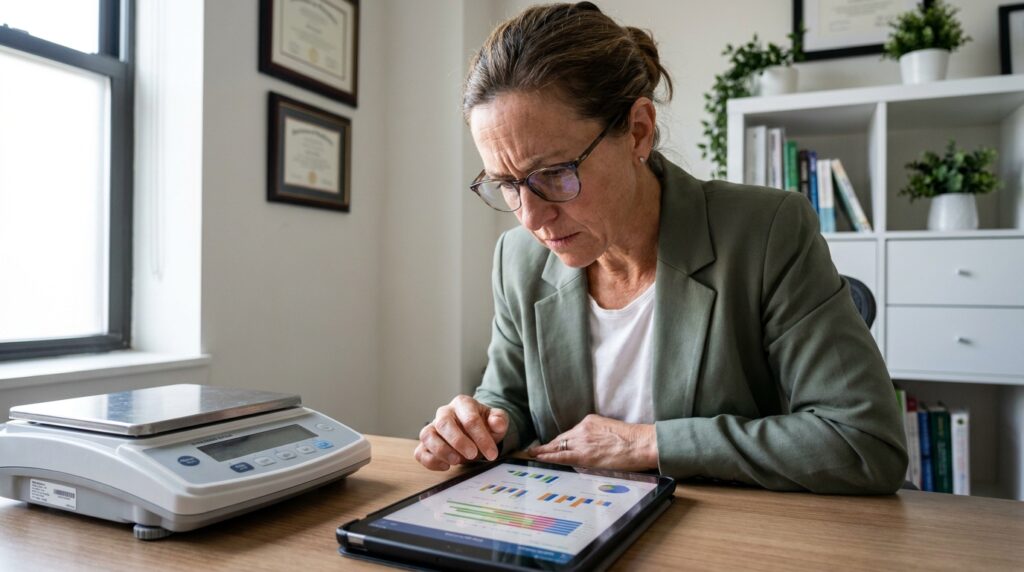 Nutricionista em consultório clínico analisando dados de composição corporal e ingestão diária de nutrientes