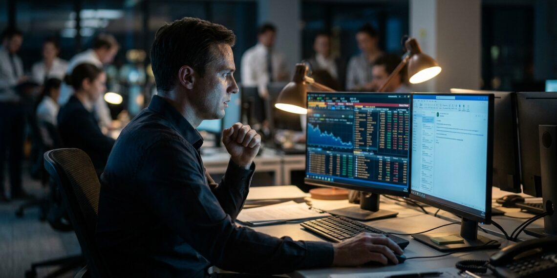 Profissional sentado com a mão pressionada contra o peito e expressão de tensão em frente ao monitor do computador no escritório
