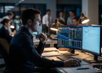 Profissional sentado com a mão pressionada contra o peito e expressão de tensão em frente ao monitor do computador no escritório
