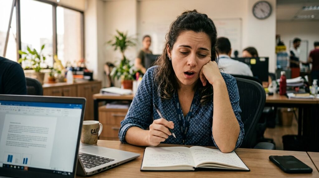 Pessoa sonolenta interrompe uma tarefa no computador enquanto tenta se lembrar da informação necessária para continuar.