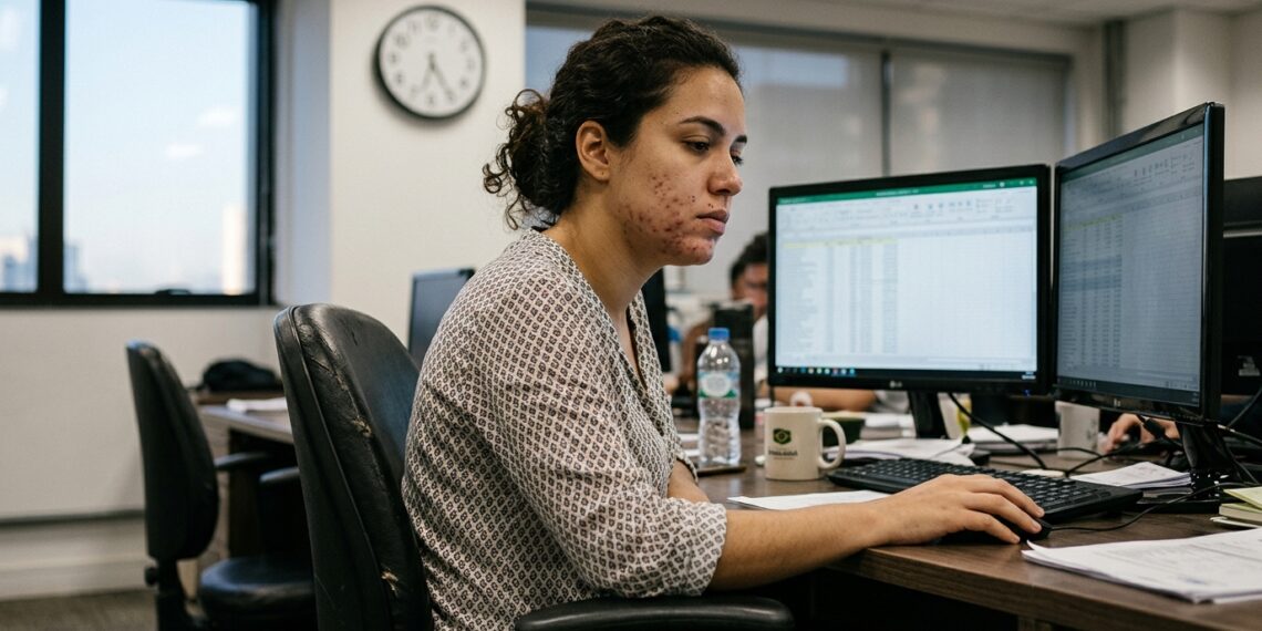 Adulto permanece sentado diante do computador e apresenta acne no rosto durante uma longa rotina de trabalho.