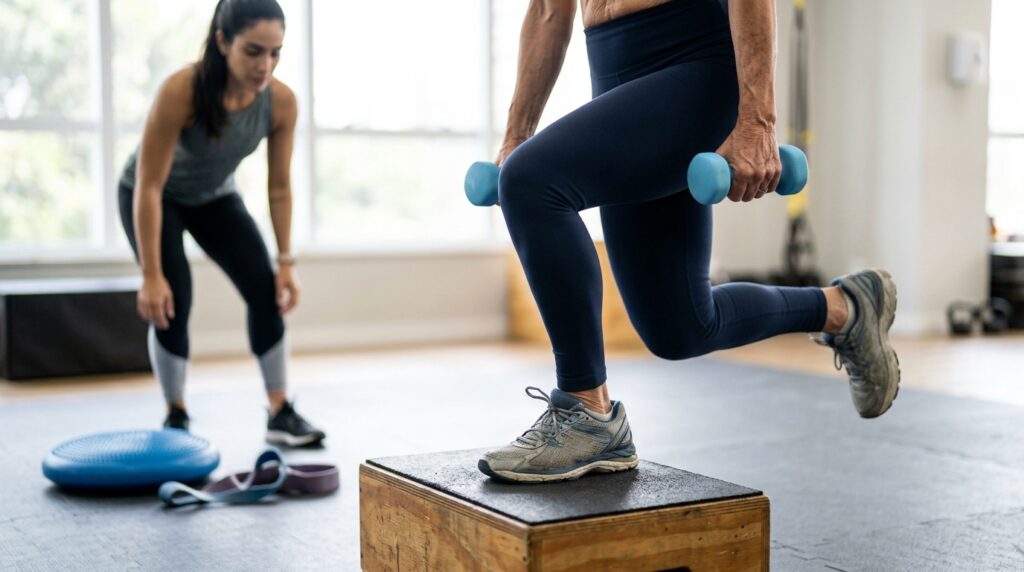 Pessoa com mais de 60 anos realiza exercício de força e estabilidade para os membros inferiores.