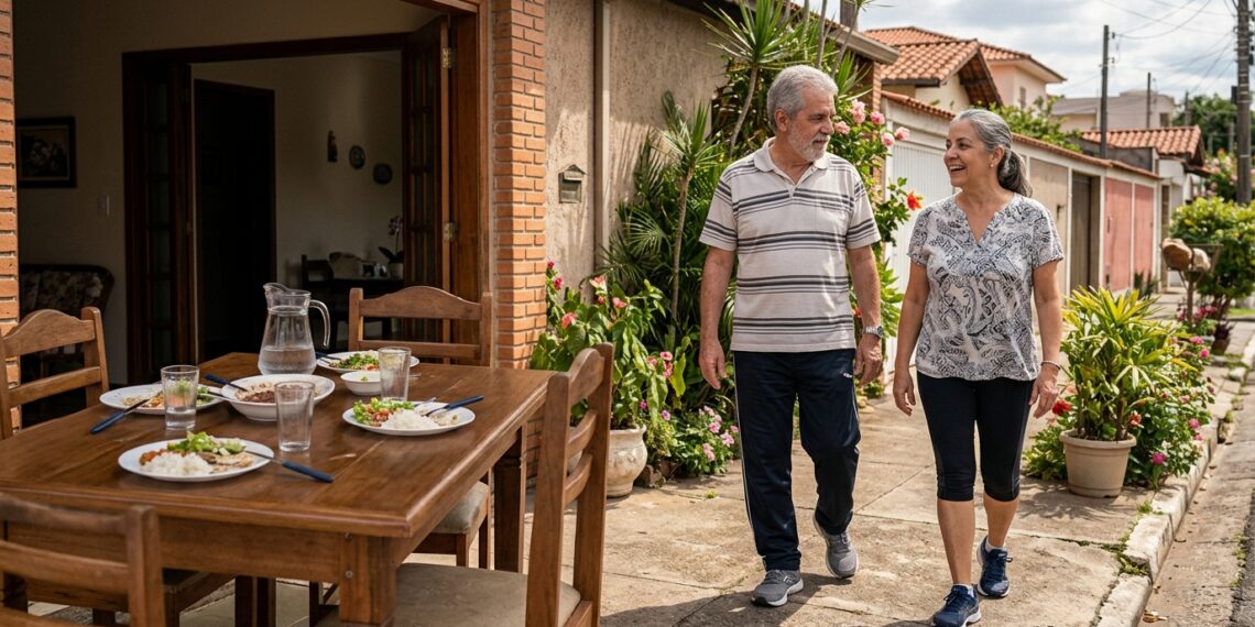 Casal com mais de 60 anos inicia caminhada moderada pouco depois do almoço.