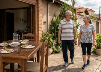 Casal com mais de 60 anos inicia caminhada moderada pouco depois do almoço.
