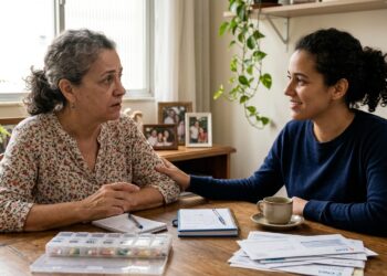 Mulher idosa conversa com a filha durante uma situação cotidiana em casa.