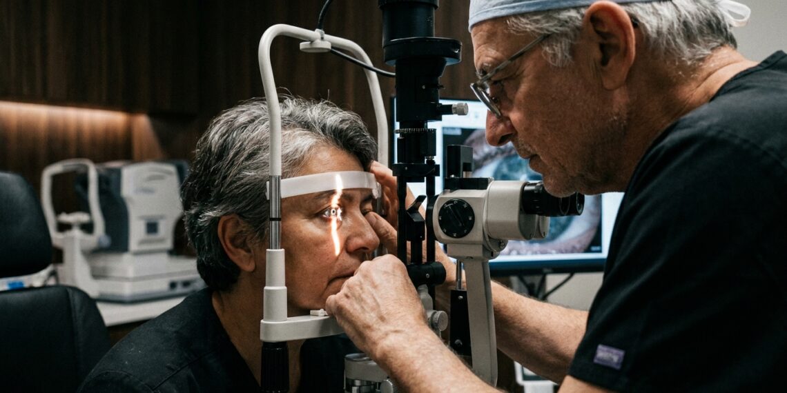 Médico oftalmologista experiente examinando olho de paciente na lâmpada de fenda em consultório clínico.