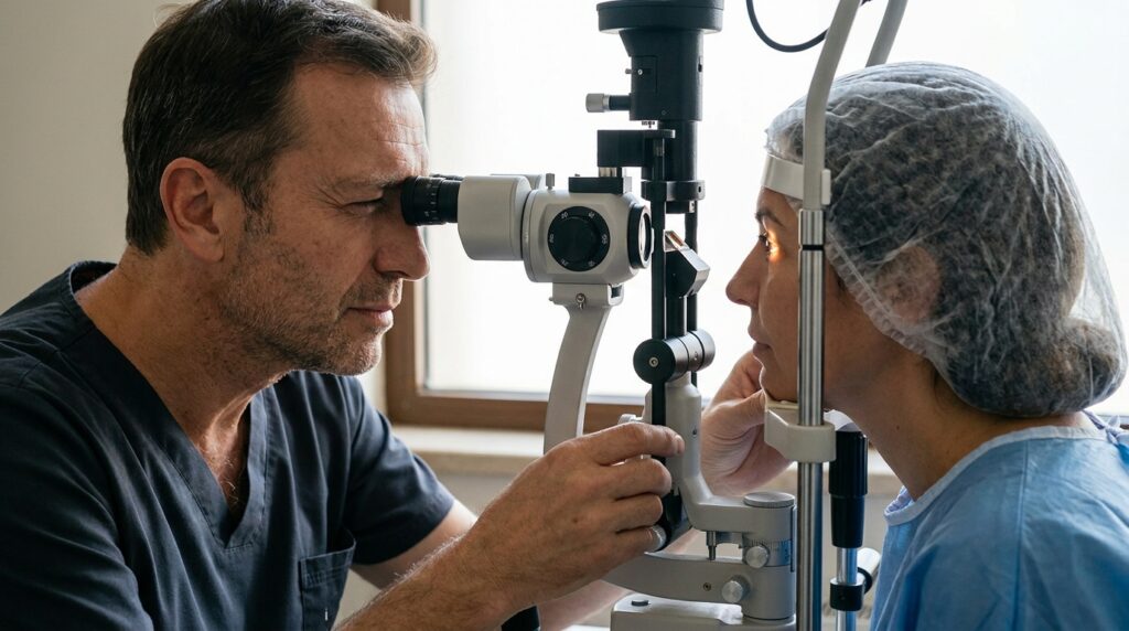 Oftalmologista ajustando o equipamento de lâmpada de fenda para examinar os olhos de um paciente em consultório