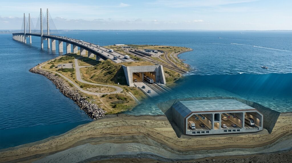 Corte mostra a travessia passando da Ponte de Øresund para Peberholm e seguindo pelo túnel de Drogden sob o mar.