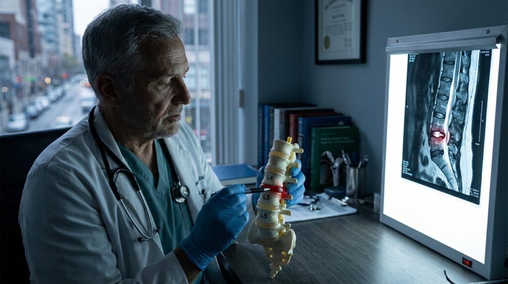 Ortopedista segurando modelo da coluna vertebral e apontando para a hérnia discal L4-L5 em consultório médico.