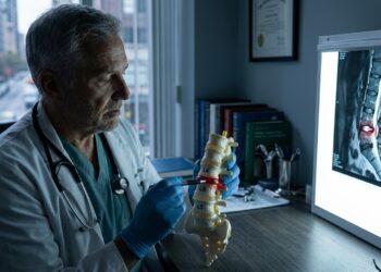 Ortopedista segurando modelo da coluna vertebral e apontando para a hérnia discal L4-L5 em consultório médico.