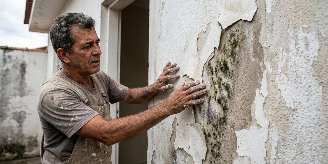 Pintor profissional inspecionando parede com tinta descascando e manchas escuras de mofo no reboco