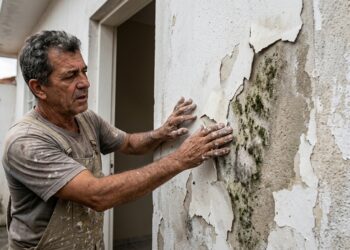 Pintor profissional inspecionando parede com tinta descascando e manchas escuras de mofo no reboco