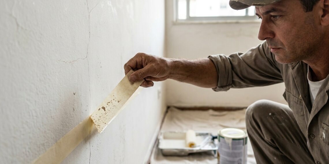 Pintor retira fita adesiva da parede para verificar se a tinta antiga está solta.