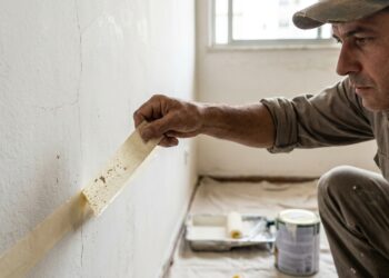 Pintor retira fita adesiva da parede para verificar se a tinta antiga está solta.