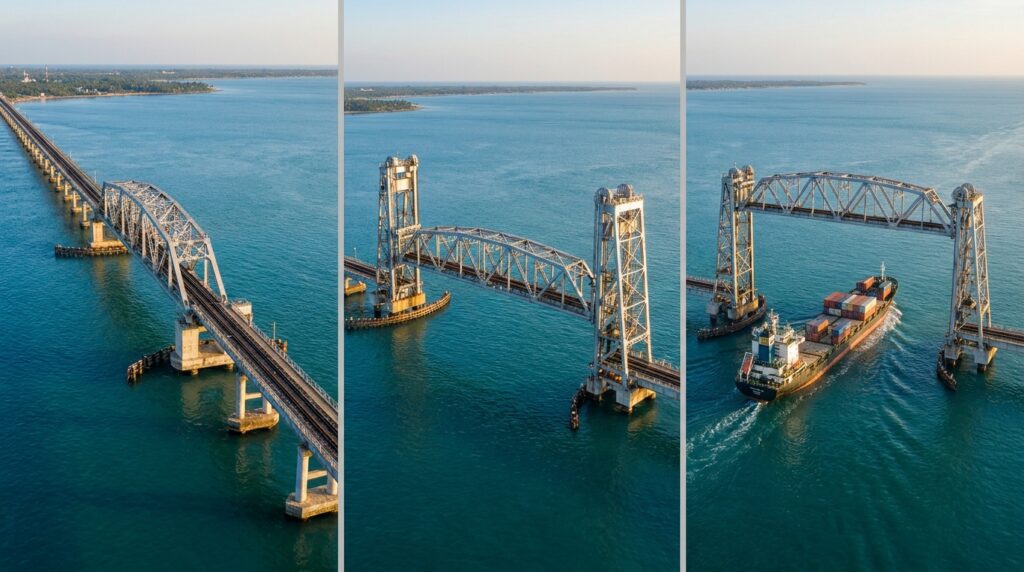 Sequência mostra o vão da Ponte Pamban fechado, sendo elevado verticalmente e aberto para a passagem de um navio.