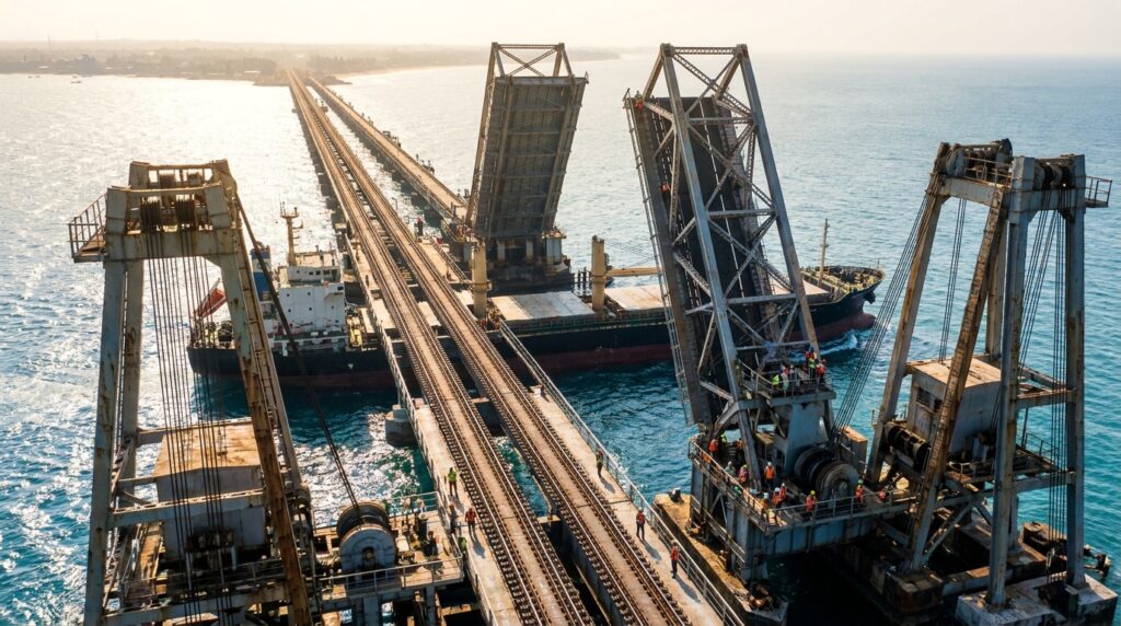 Sistema de elevação mantém o vão ferroviário horizontal enquanto ele sobe entre as torres.