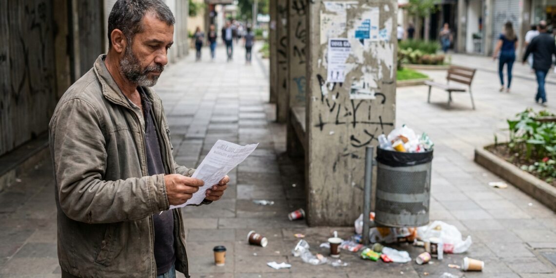 Pessoa segura papel diante de espaço público com sinais de desordem.