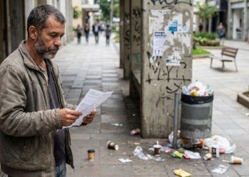 Pessoa segura papel diante de espaço público com sinais de desordem.