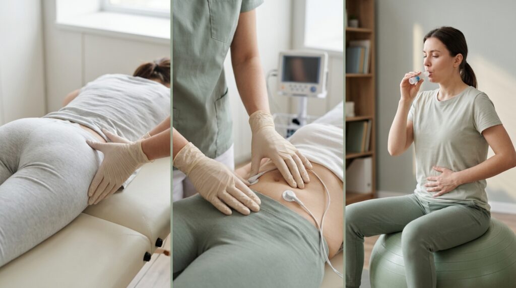 Tríptico fotográfico mostrando três etapas da fisioterapia pélvica: alinhamento postural, contração isométrica e treino funcional