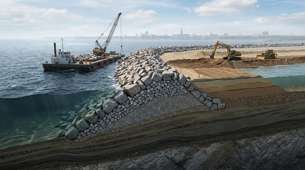 Corte mostra o dique de pedras e o aterro formando nova terra em Copenhague.