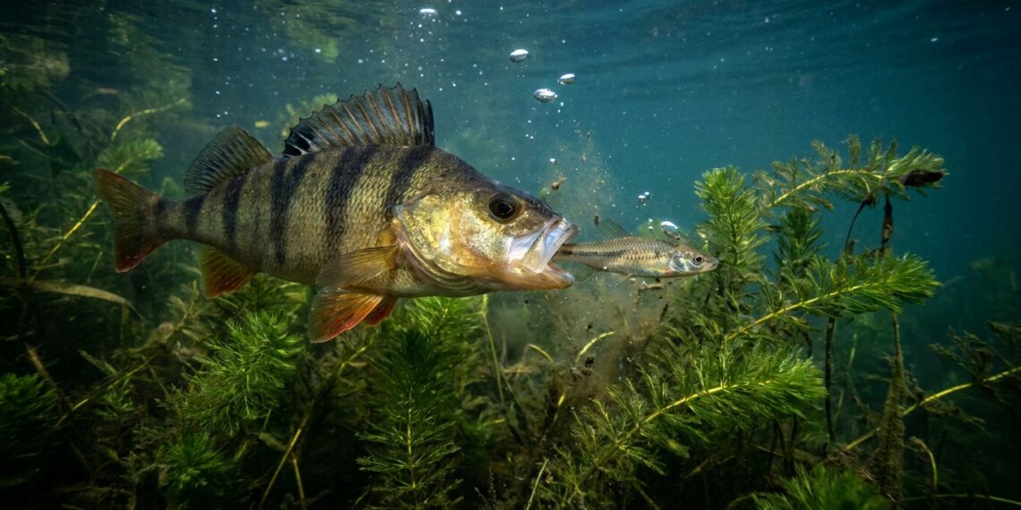 Perca-europeia com mandíbula projetada capturando pequeno peixe invasor em águas límpidas de um lago