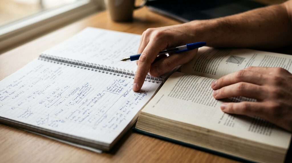 Person_comparing_notes_in_textbook_20260919175139-1024x572 A psicologia indica que tentar chegar à resposta sozinho antes de consultá-la pode fazer você lembrar melhor da informação depois
