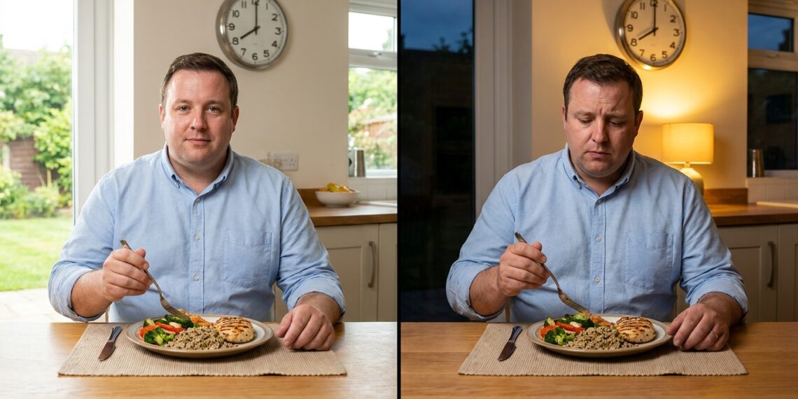 Adulto comendo a mesma refeição em horários diferentes do dia para representar experimento sobre horário das refeições e fome.
