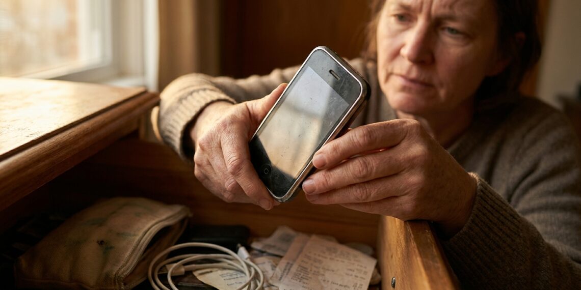 Pessoa segura um celular antigo retirado de uma gaveta com objetos guardados.